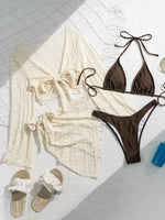 DEKA Women Solid 4 Piece Lace Up Bikinis Set Swimsuit Long Sleeve Cover Up with Skirt Swimwear New Push Up Bathing Suit Bikini