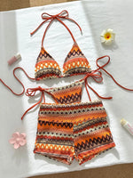 Sexy Red Striped Knitted Bikini Set 2026 Women Patchwork Push Up Bra Thong Swimsuit Beach Bathing Suit Cover Up 3 Piece Swimwear