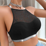 Women Vest Bra See-through Halter Neck Flower Backless Sports Style Knitted Elastic Crop Top Bra for Yoga Gym Running