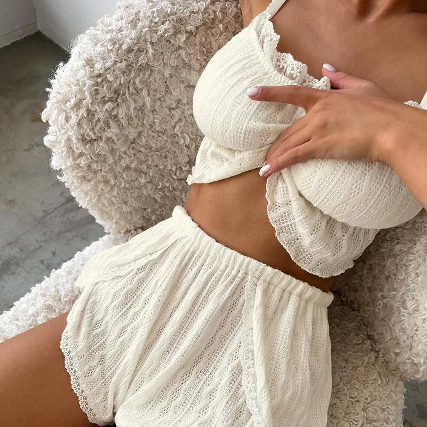Women Pajamas Summer Fashion Lace Trim Ruffle Hem U-Neck Spaghetti Strap Cable Textured Cami & Casual Home Shorts Set Sleepwear