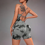 Cross Back Tie-Dye One Piece Yoga Shorts - Stylish Cropped Yoga Jumpsuit for Women
