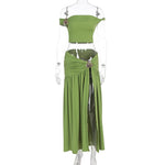 Summer Skirt Set Women Metal Flower Sexy Off Shoulder Slim Crop Top High Slit Skirt Sets Fashion Backless Pleated 2 Piece Suits