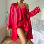 Simple Satin Pajama Set Long Sleeve Belted Robe V Neck Cami Top And Shorts Women's Sleepwear