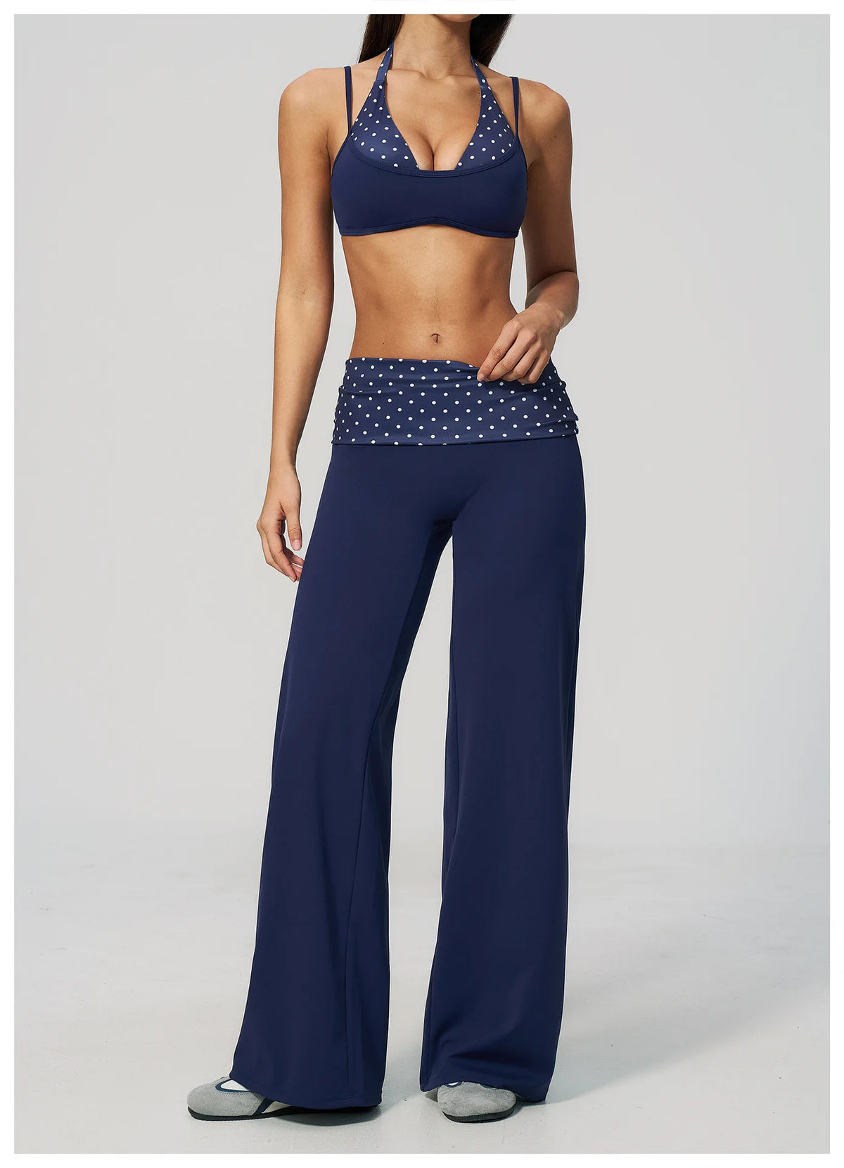Fake Two-piece Sports Bra Yoga Sets Women Coffee Striped Patchwork Folding High Waist Wide Leg Pants Gym Running Fitness Suits