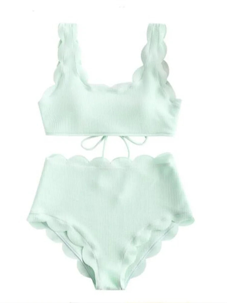 Solid Blue Two Pieces Swimsuit Bathing Suits Bikini Women Scalloped Textured High Waisted Bikini Set Lace Up Bathing Suits XXL