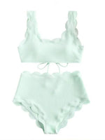 Solid Blue Two Pieces Swimsuit Bathing Suits Bikini Women Scalloped Textured High Waisted Bikini Set Lace Up Bathing Suits XXL