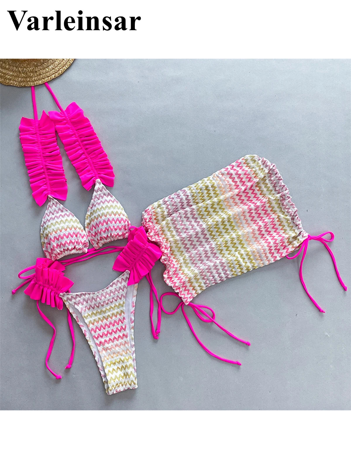 Blue Three-pieces Bikini set With Skirt Waved Ruffled Frilled Bikini Female Swimsuit Women Swimwear Bather Bathing Suit V5235C