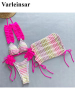Blue Three-pieces Bikini set With Skirt Waved Ruffled Frilled Bikini Female Swimsuit Women Swimwear Bather Bathing Suit V5235C