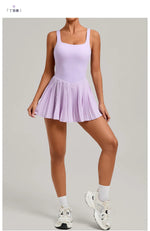 New Large Backless Tennis Dresses Women Solid Color Sleeveless Glare Pleated Yoga Skirt with Pocket Shorts Running Fitness Dress
