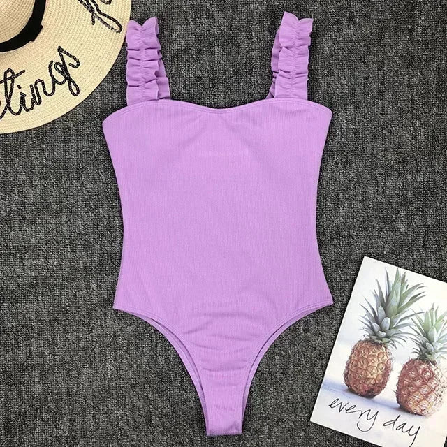 Ribbed Ruffled Frilled Trim Female Swimwear One Piece Swimsuit Women Monokini High Leg Cut Bathing Suit Swim Bodysuit Beach Wear
