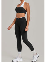 2 Pieces Color-block Yoga Sets WomenHanging Neck Sports Bra High Waist Pants Built-in Pockets Outdoor Fitness Workout Suit