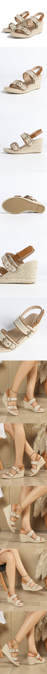 Summer Bohemian 2 Buckle Adjustable Straps Espadrille Wedge Sandals Women Leisure Roma Platform Beach Vacation High Heels Shoes