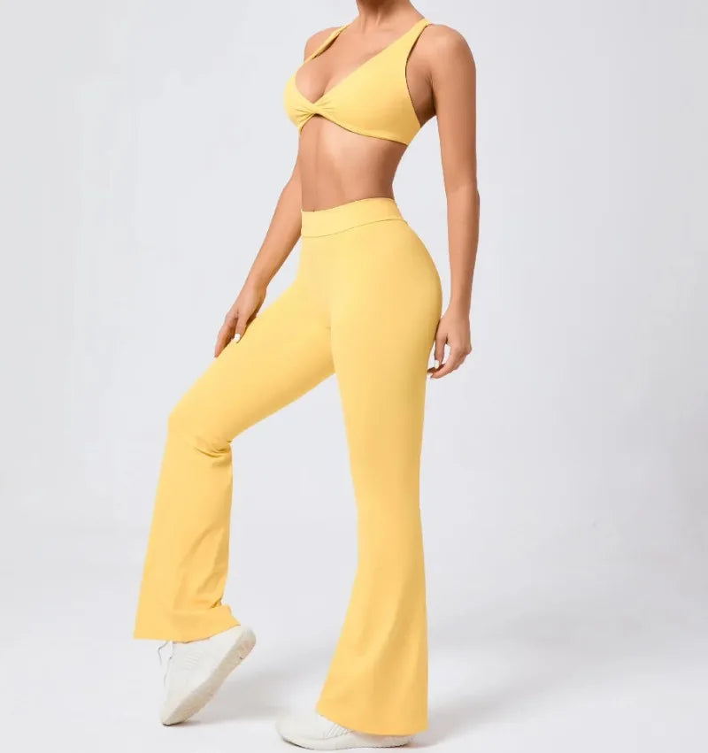 Women's Seamless Yoga Sets Brushed Fabric Flared Hip-Lifting Pants Cross Beauty Back Bra Suits Gym Workout Fitness Training Sets