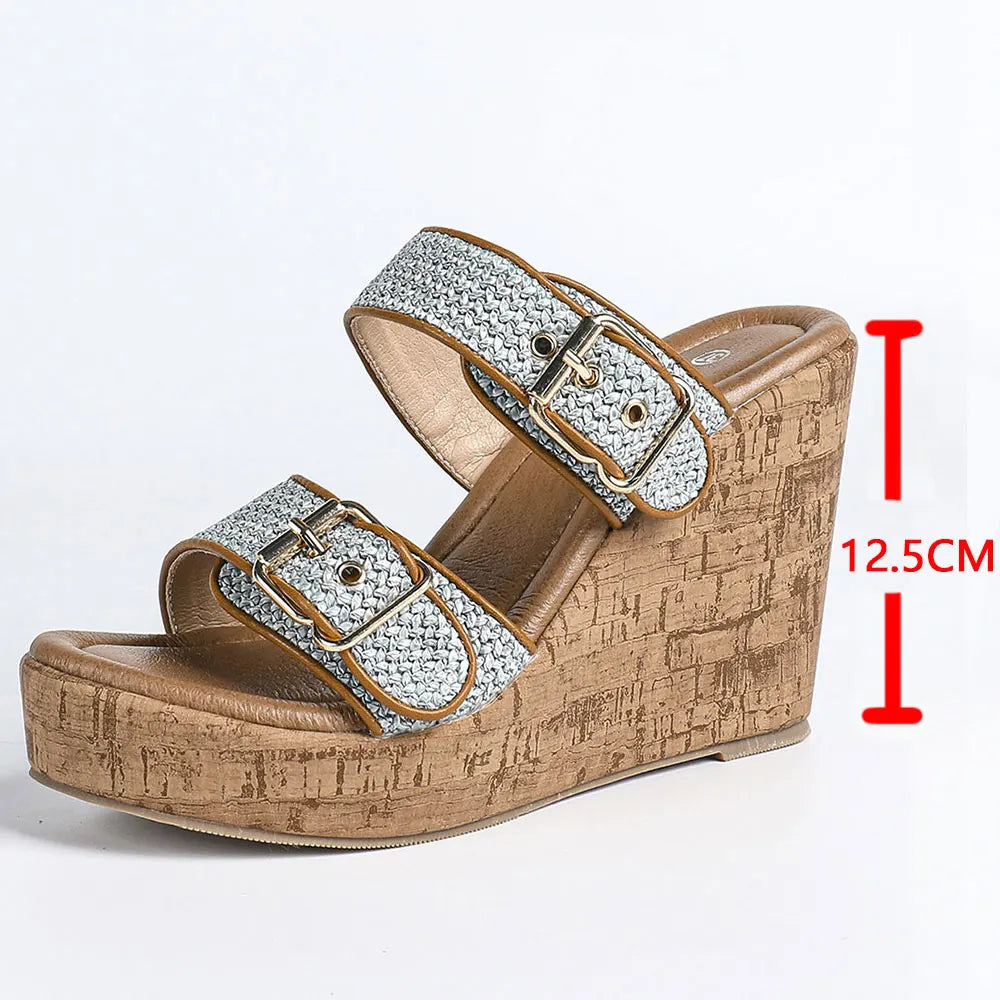 Summer Bohemian 2 Buckle Adjustable Straps Espadrille Wedge Sandals Women Leisure Roma Platform Beach Vacation High Heels Shoes