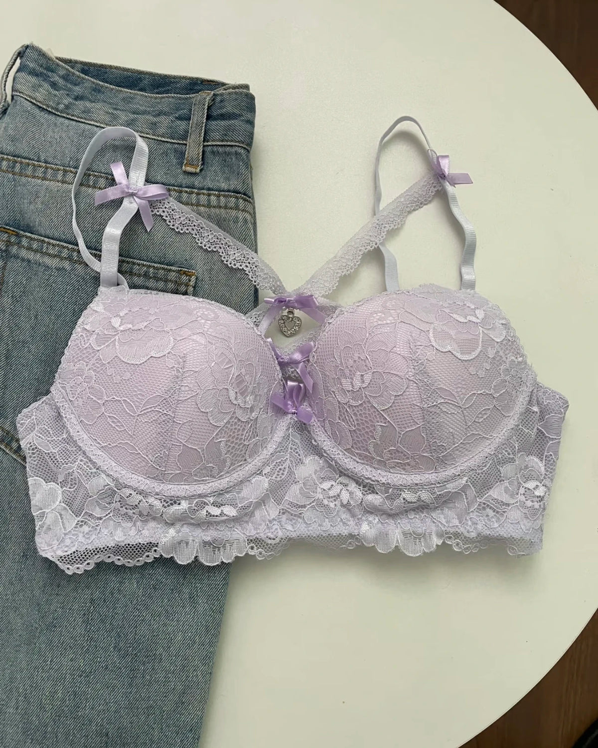 MOYISU Kawaii Heart Bra Set, Purple Lace Lingerie Sexy Pure Design, Push Up Bralette Sml Boobs Fashion Outerwear Statement Piece