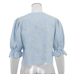 FFDYOUI Woman Clothing Embroidered Shirts Blue High Green Ladies O-neck Single Breasted Half Sleeve Cropped Tops Fashion Shirt