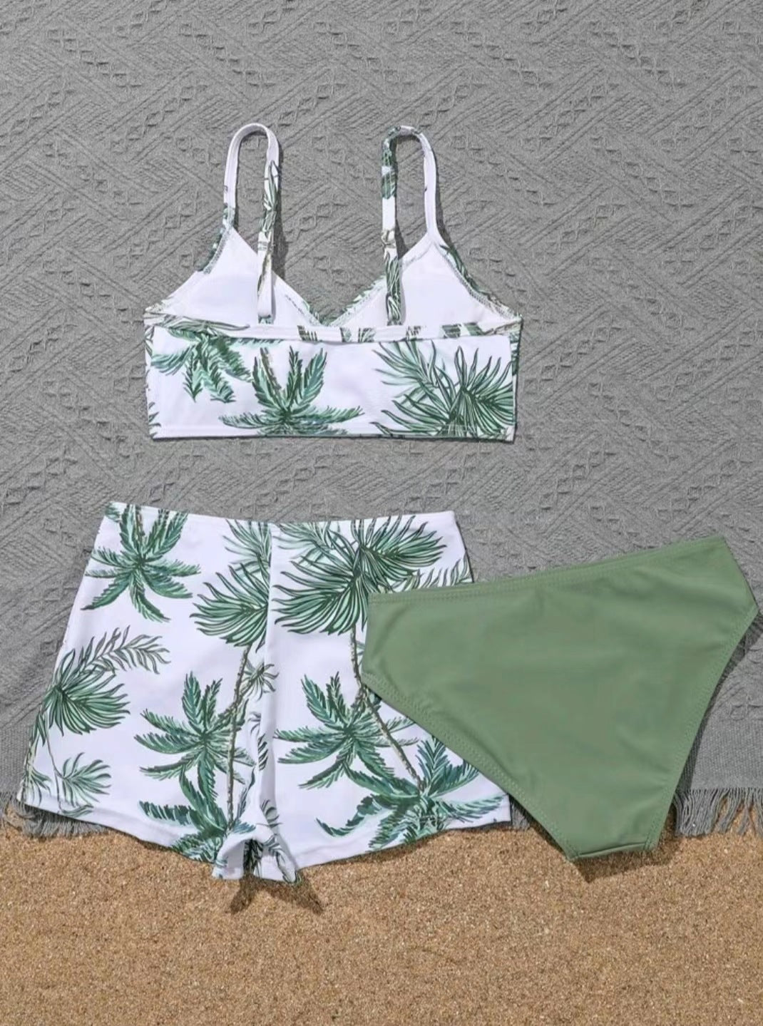 Girls 3pack Coconut Palm Tree Print Bikini Sets with Shorts Swimsuit Kids 7-12 Years Children's Swimwear Trunks Bathing Suit
