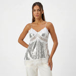 Women Sequin Camisole Tops Spaghetti Strap V Neck Lace Trim Loose Fit Tank Tops Summer Daily Casual Elegant Vest Streetwear