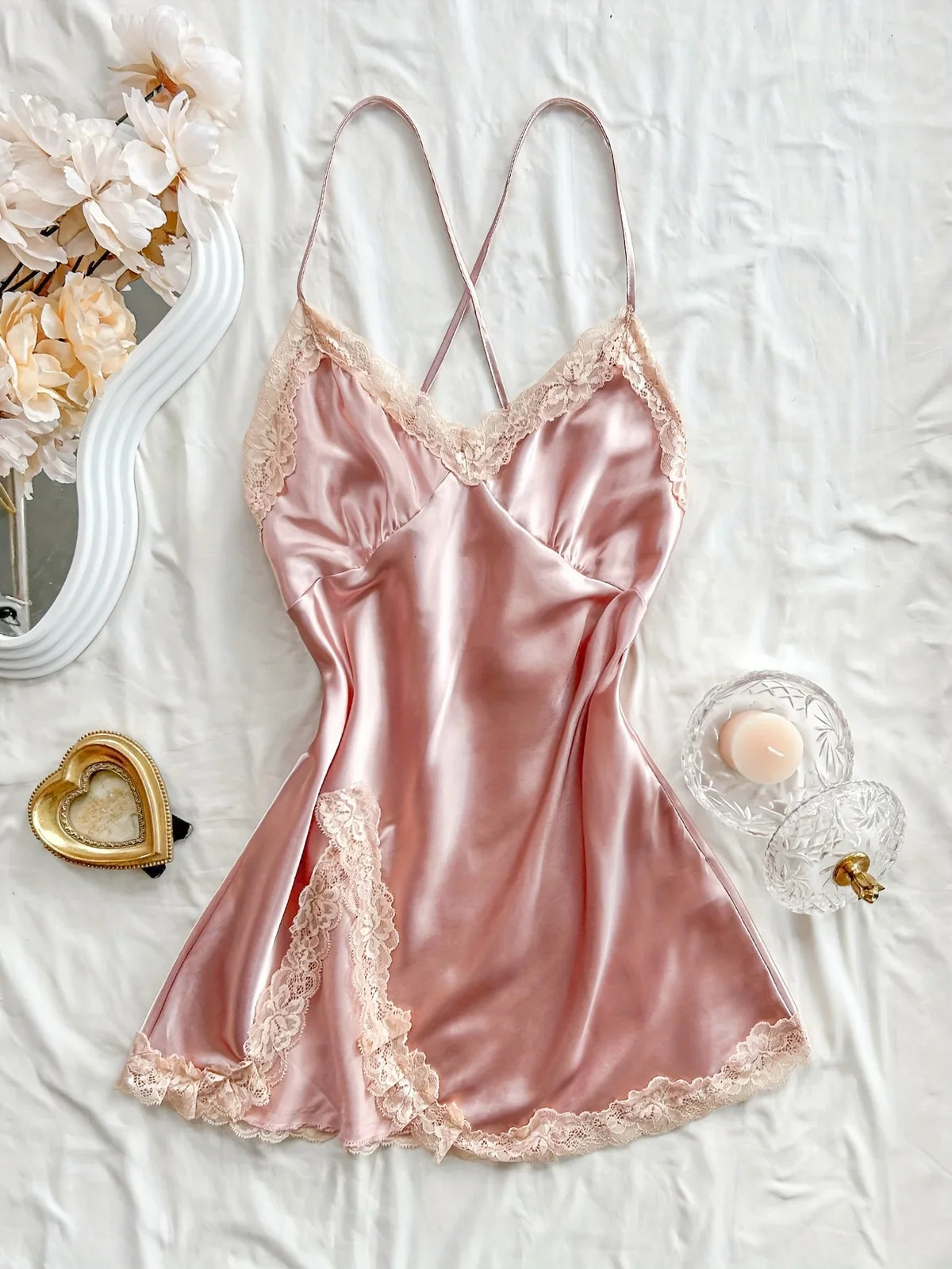 Women's Satin V-Neck Lace Trim Chemise 1-Pc Sexy Mini Nightdress