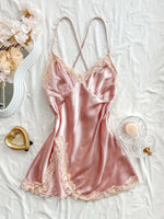 Women's Satin V-Neck Lace Trim Chemise 1-Pc Sexy Mini Nightdress