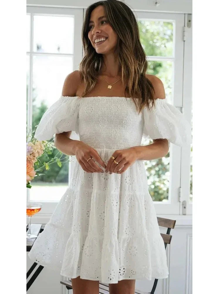Puff Sleeve Cotton White Lace Dress Women Summer 2025 Square Collar Vintage Beach Short Dress Petite Flower EmbrioderyDress