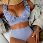 2026 Summer Sexy Deep V Neck Swimsuit Frill Trim High Waist Bikini Set Striped Print Backless Swimwear Bathing Suit Beachwear