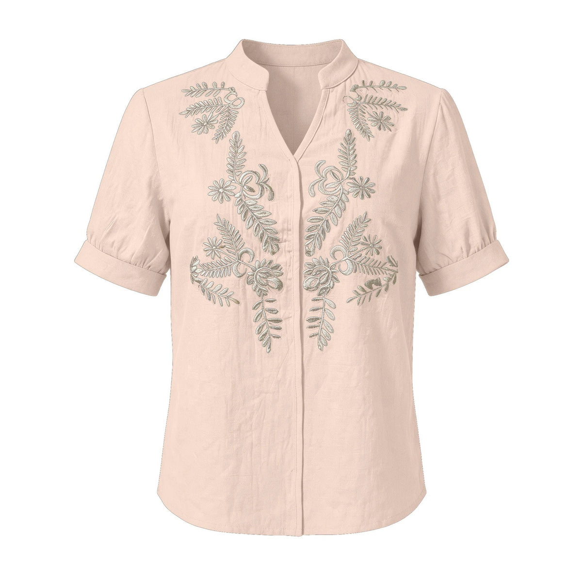 Women Floral Embroidery Puff Short Sleeve T Shirt Stand Collar V Neck Button Down Loose Solid Tees Summer Boho Casual Office Top