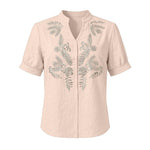 Women Floral Embroidery Puff Short Sleeve T Shirt Stand Collar V Neck Button Down Loose Solid Tees Summer Boho Casual Office Top