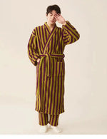Thickened Flannel Robe Pants Pajamas Set Autumn Winter New Couple Coral Velvet Women Men Bathrobe Striped Lengthed Home Clothes