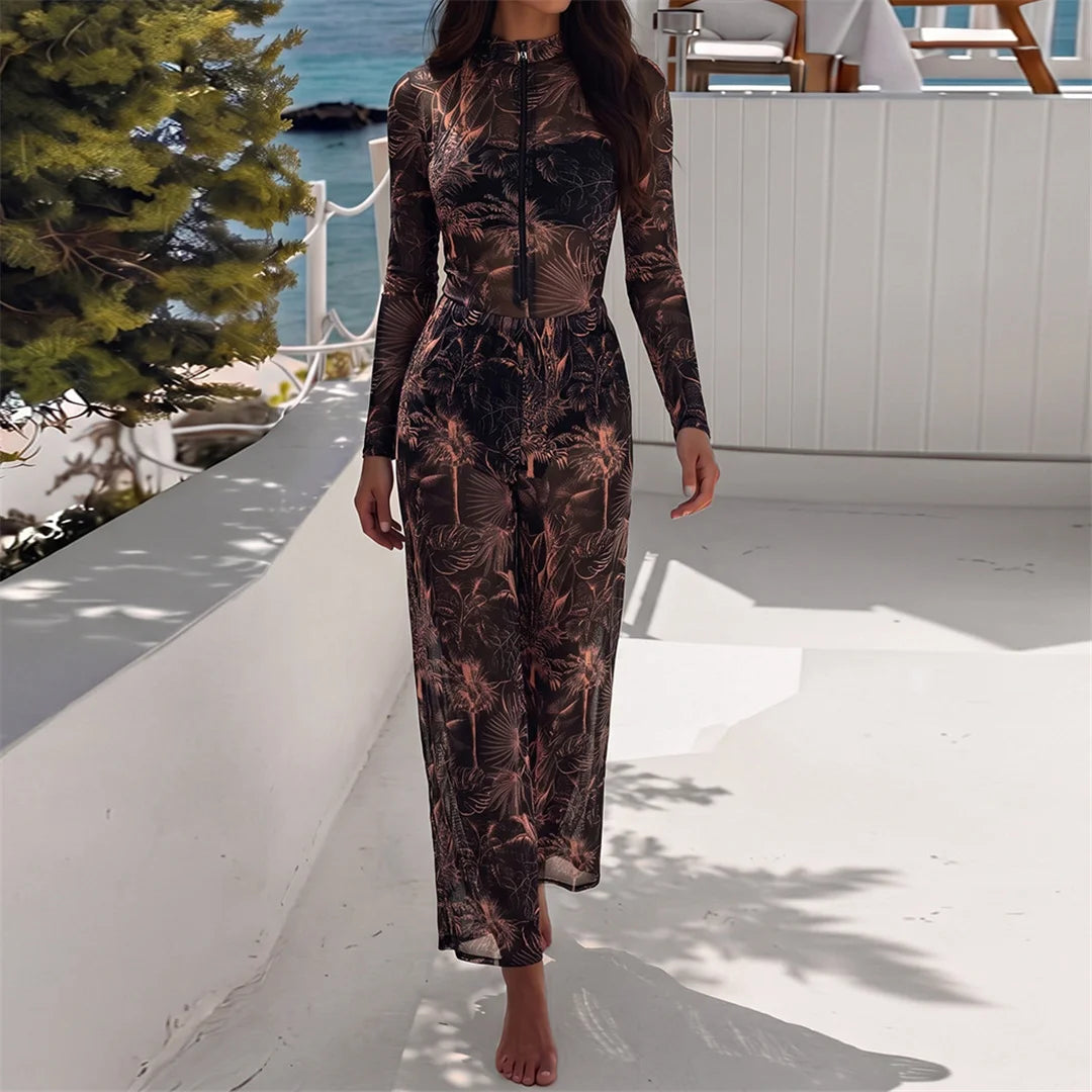 S - XXL New Leaves Printed Long Sleeve With Zipper Pants One Piece Swimsuit Women Swimwear Female Bather Bathing Suit Swim V8355