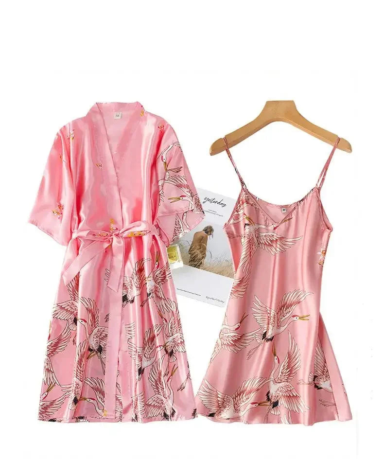 Burgundy Women Faux Silk Kimono Robe Gown Sets Sexy Print Crane Nightdress &Bathrobe Lingerie Nightgown Summer Sleepwear
