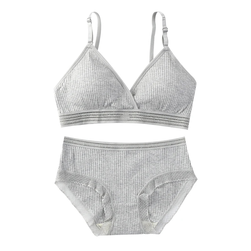 Women Padded Bra And Panties Set Low Waist Briefs Wire Free Bra Female Solid Color Underwear Sexy Lingerie Set One Size