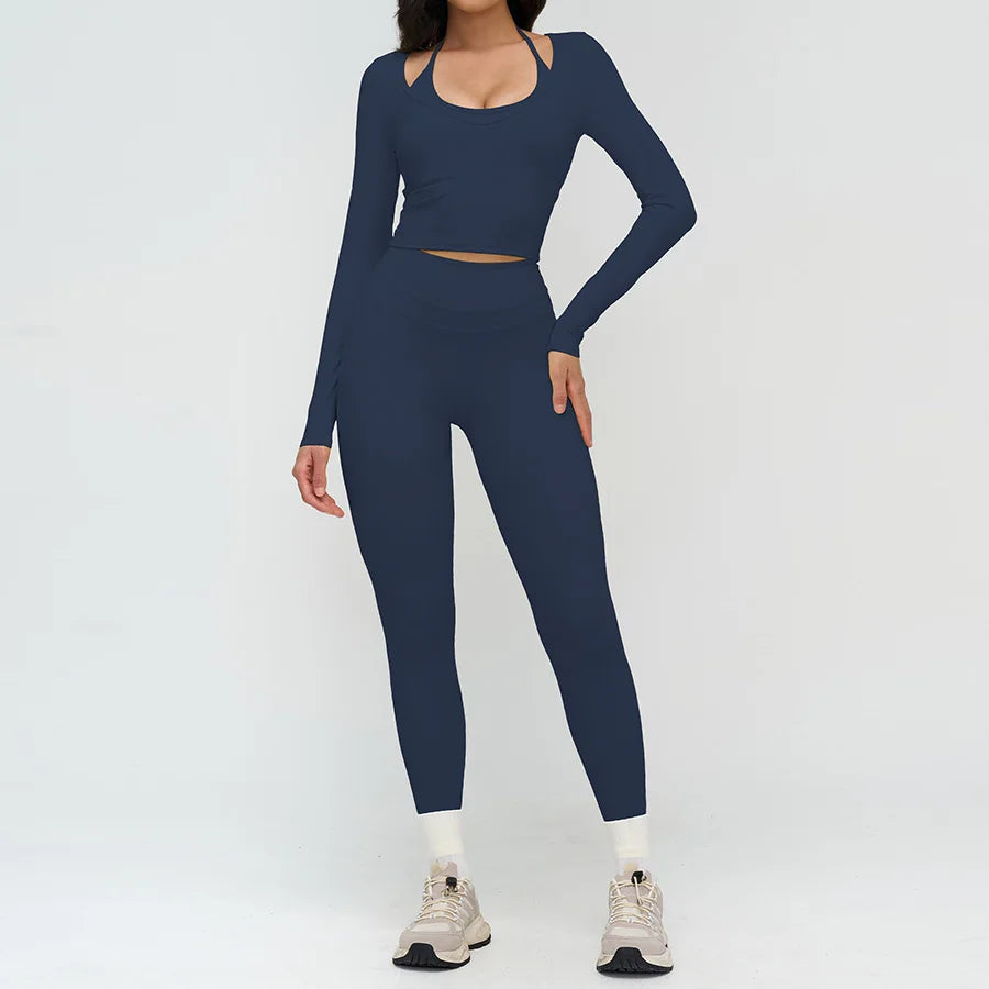 2 Pieces Sportswear Women Yoga Set Gym Clothes Fitness Set Outfit Outdoor Long-Sleeved Shirt Tracksuits Sports Bra Gym Leggings