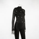 Women Rhinestone Fishnet T-shirt Solid Color Long Sleeve Crop Tops See Through Hollow Out Sexy Shirts Female Smock Tops