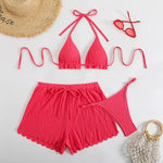 Sexy Purple Thong Bikini with Shorts Women Three Pieces Swimsuit Brazilian Swimwear Female Beachwear Halter Bathing Suit Outfit