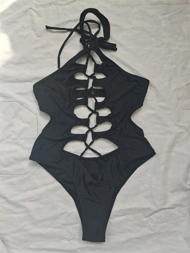 Hollow Out Swimwear Women 2025 High Neck Solid Black Cut Out Backless Monokini Bandage Bathing Suit Holiday One Piece Swimsuit