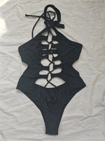 Hollow Out Swimwear Women 2025 High Neck Solid Black Cut Out Backless Monokini Bandage Bathing Suit Holiday One Piece Swimsuit