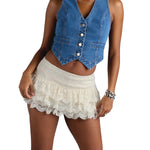 Women Summer Solid Color Mini Skirts Casual ElegantLow Rise Layered Ruffle Lace Skirt for Beach Vacation Club