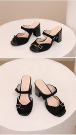 Fashion Leopard Print Square Heel Slippers Summer New Square Toe Metal Buckle Non-slip Wear-resistant Kitten Heel Shoes