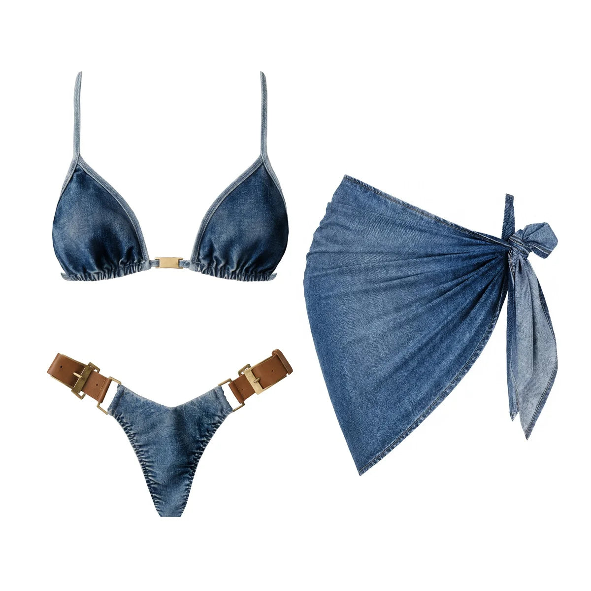3Pcs Denim Printed Bikini 2026 Women Sexy Swimsuit Leather Strap Swimwear Bandeau Biquini Female Push Up Bathing Suit Beachwear
