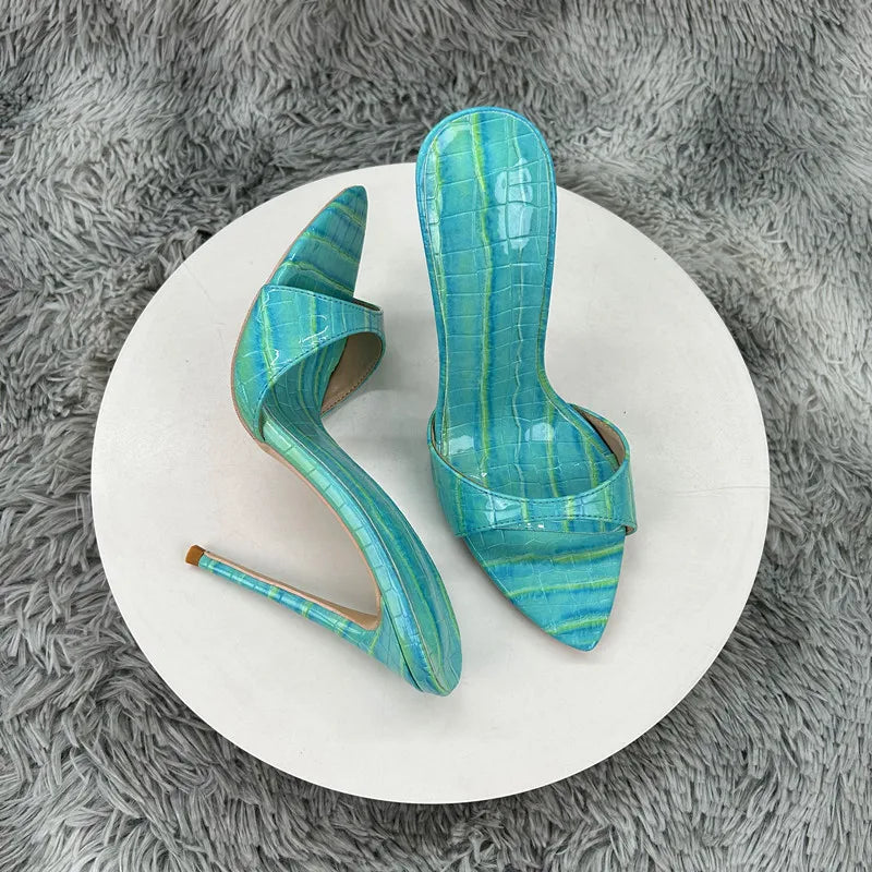 Women's Turquoise Croc Embossed Patent Leather Pointed Toe Stiletto Mules - Slip-On Open Toe High Heel Sandals for Summer Party