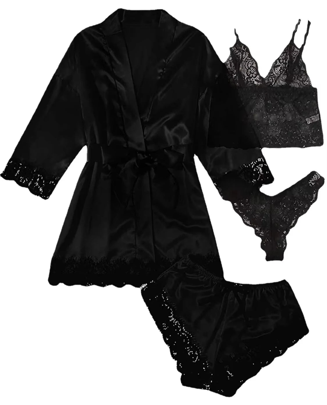 2025 New Women's Pajama Fashion 4-Piece Set Lace Satin Strap Sexy Pajama Set Dress Skin Friendly Comfortable Casual Pajama Skirt