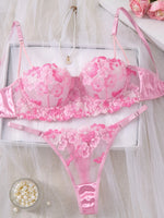 Pink Cherry Blossom Embroidered Lace Underwear Set - Sexy See-through Mesh Semi-cup Shaping Bra Thong Panties ZA825121