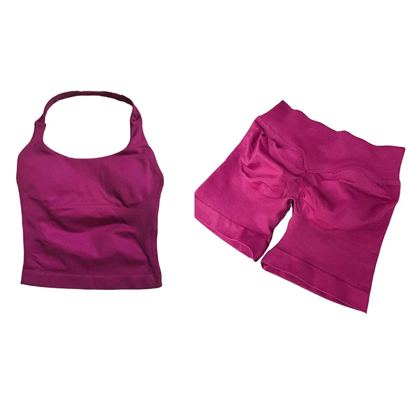 Yoga Sets Women Gym Clothes Longline Strappy Top High Waist Shorts Activewear 2 Piece Set Fitness Suit Running Workout Suits