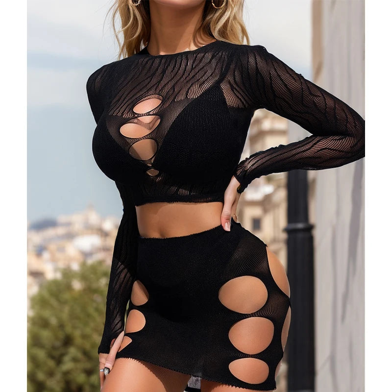 Long Sleeve See Through Tassel Beach Dress Women Sexy hollow Out Fishnet Fringe Cover Up Bodycon Rave Festival Outfit Set