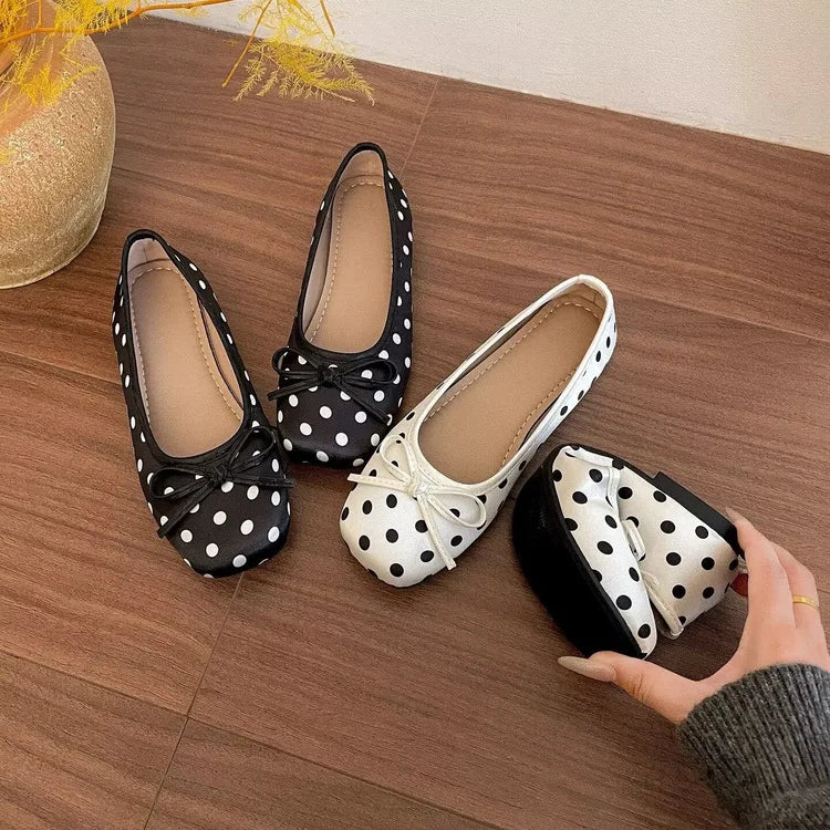 New Butterfly-knot Women Dot Ballet Flats Comfort Square Toe Slip on Shoes Ladies Eelgant Soft Sole Dress Mary Jane Shoes