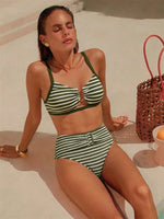 Sexy Black Striped Two Piece Bikini Set Women Metal U Neck Push Up Bra Belt High Waist Swimsuit Beach Bathing Suit Swimwear 2026