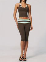 New Fake Two-piece Yoga Sets Women Striped Shock-absorbing Slim Sports Tank Top Fitness Suit Gym High Waist Mid Pants Tracksuit