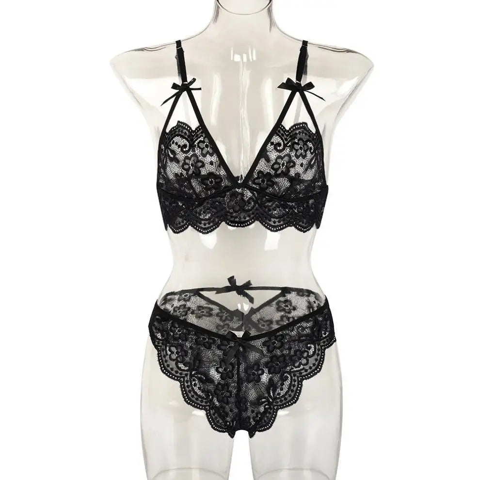 Sexy Elegant Lace Seamless Lingerie Set Women's Hollow Erotic Lingerie Transparent Wirefree Bra Sets Panties