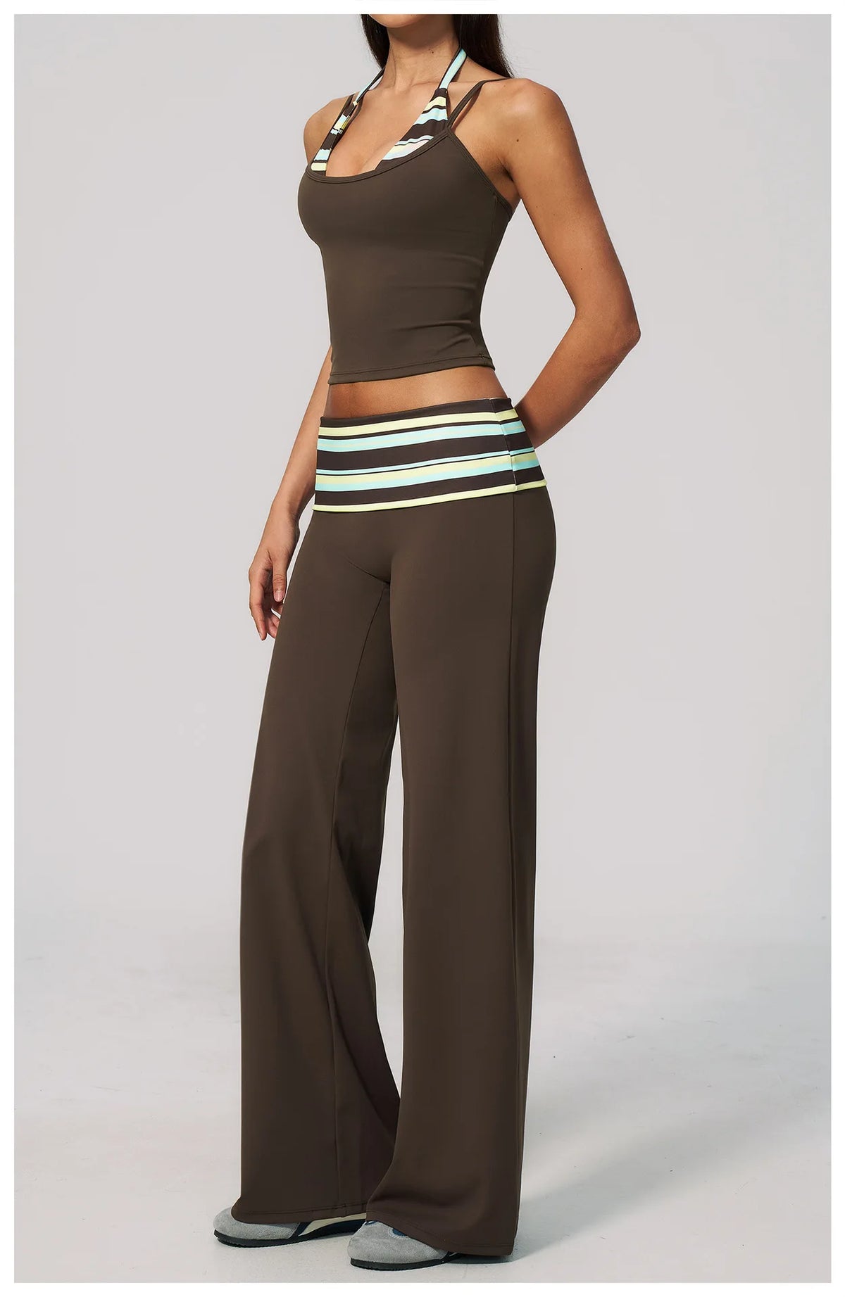 Women's 2 Piece Yoga Set Halter Neck Crop Top Fold Over Waist Wide Legged Flare Trousers Polka Dot Striped Gym Workout Running